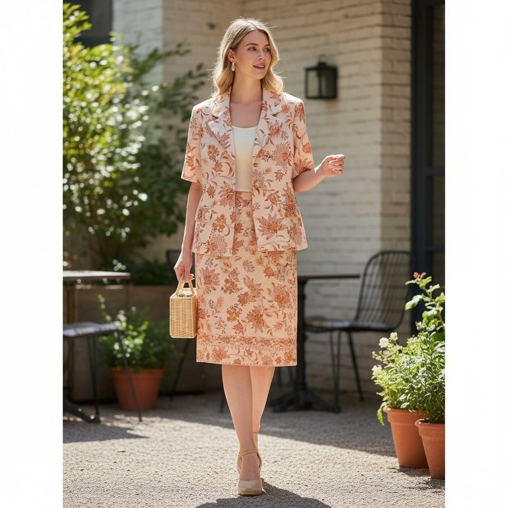 Nanette Lepore Skirt Suit Set Womens 14 Orange Peach Floral Blazer Skirt 2 Piece